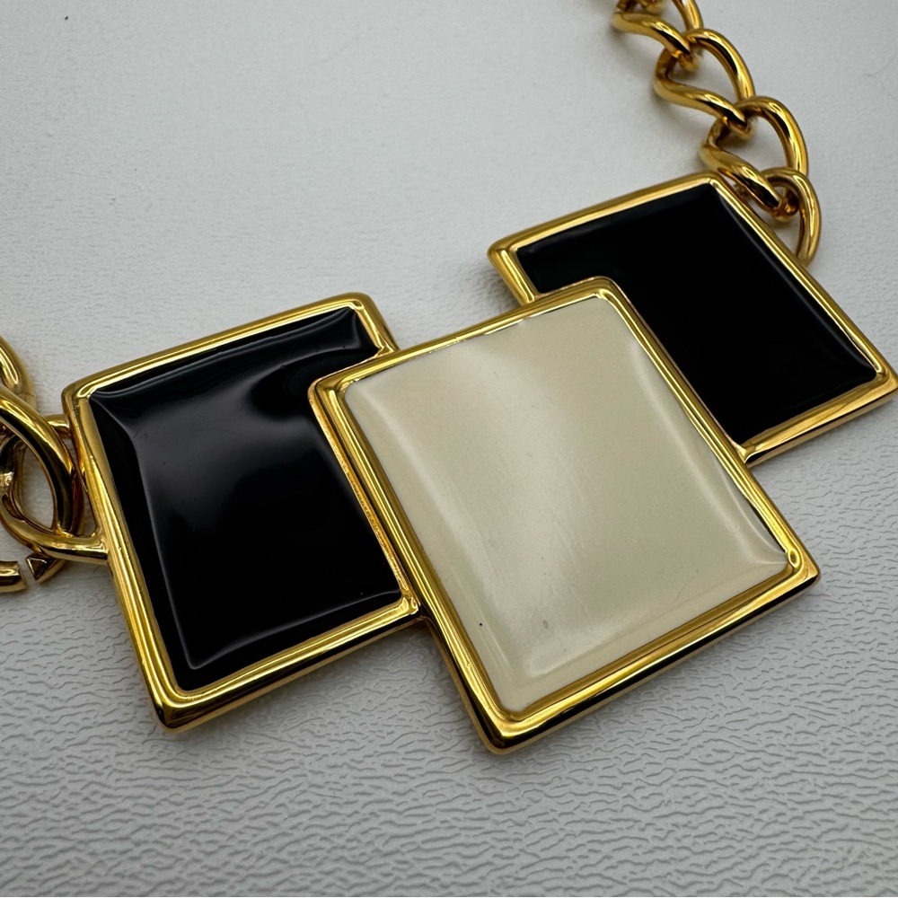 Vintage Monet Geometric Mod Statement Necklace Chunky SIGNED Gold Black Enamel
